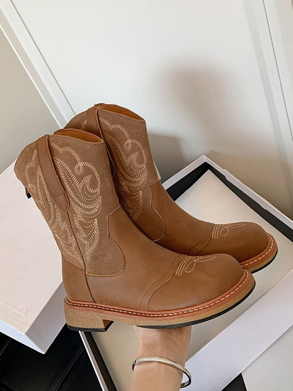 Women's brown embroidered western cowboy boots mid block heel back zipper vintage retro style