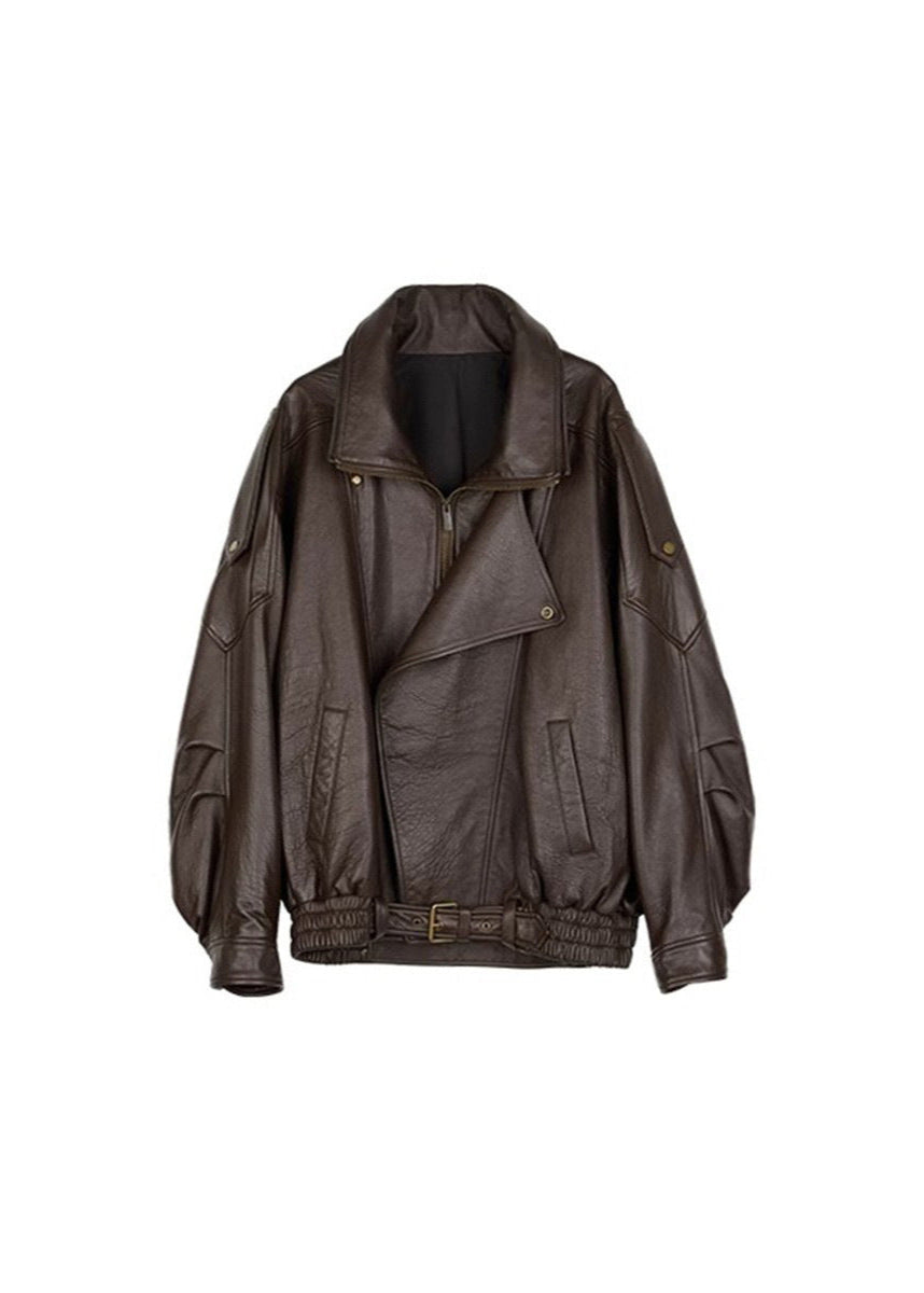 Black oversized leather bomber jacket for women with adjustable belt and relaxed casual silhouette