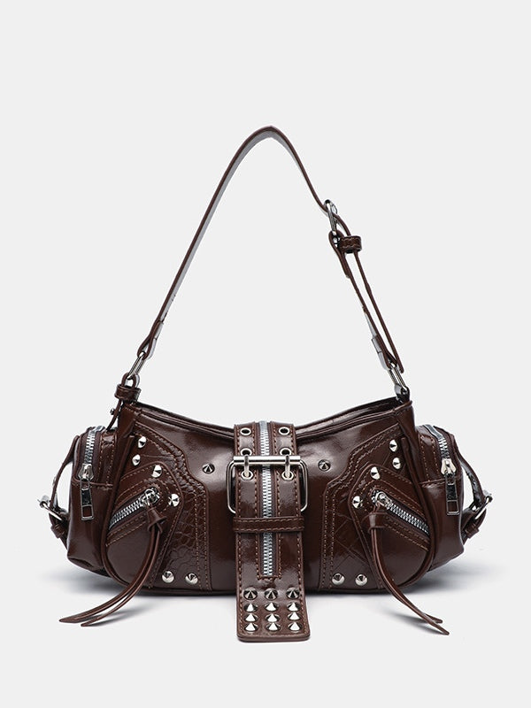 Black PU leather one-shoulder motorcycle crossbody bag with rivet details and zippered pockets for riders