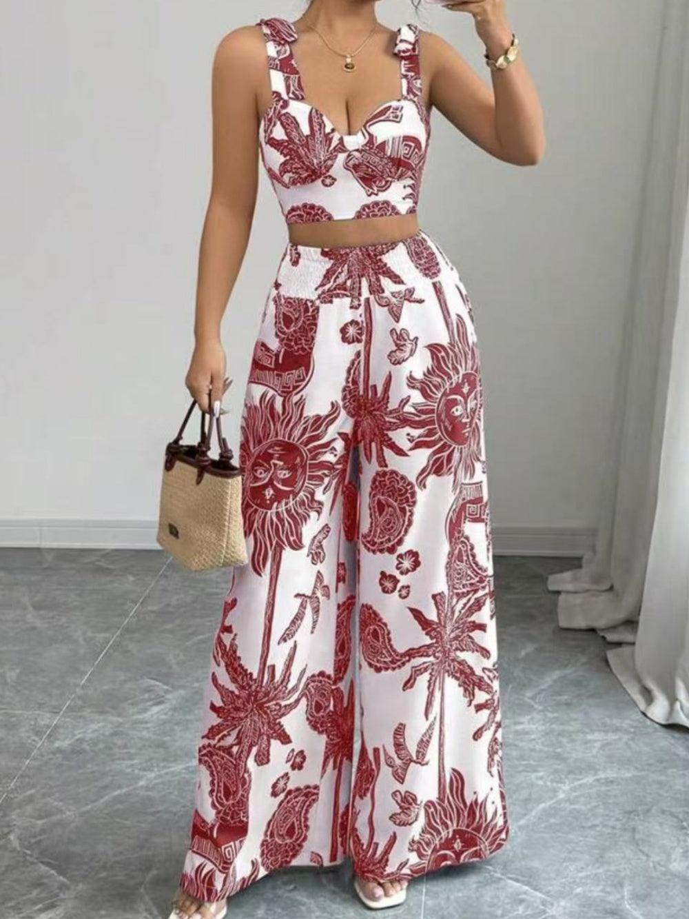 Women's printed two-piece set V-neck backless top and wide-leg pants polyester casual style