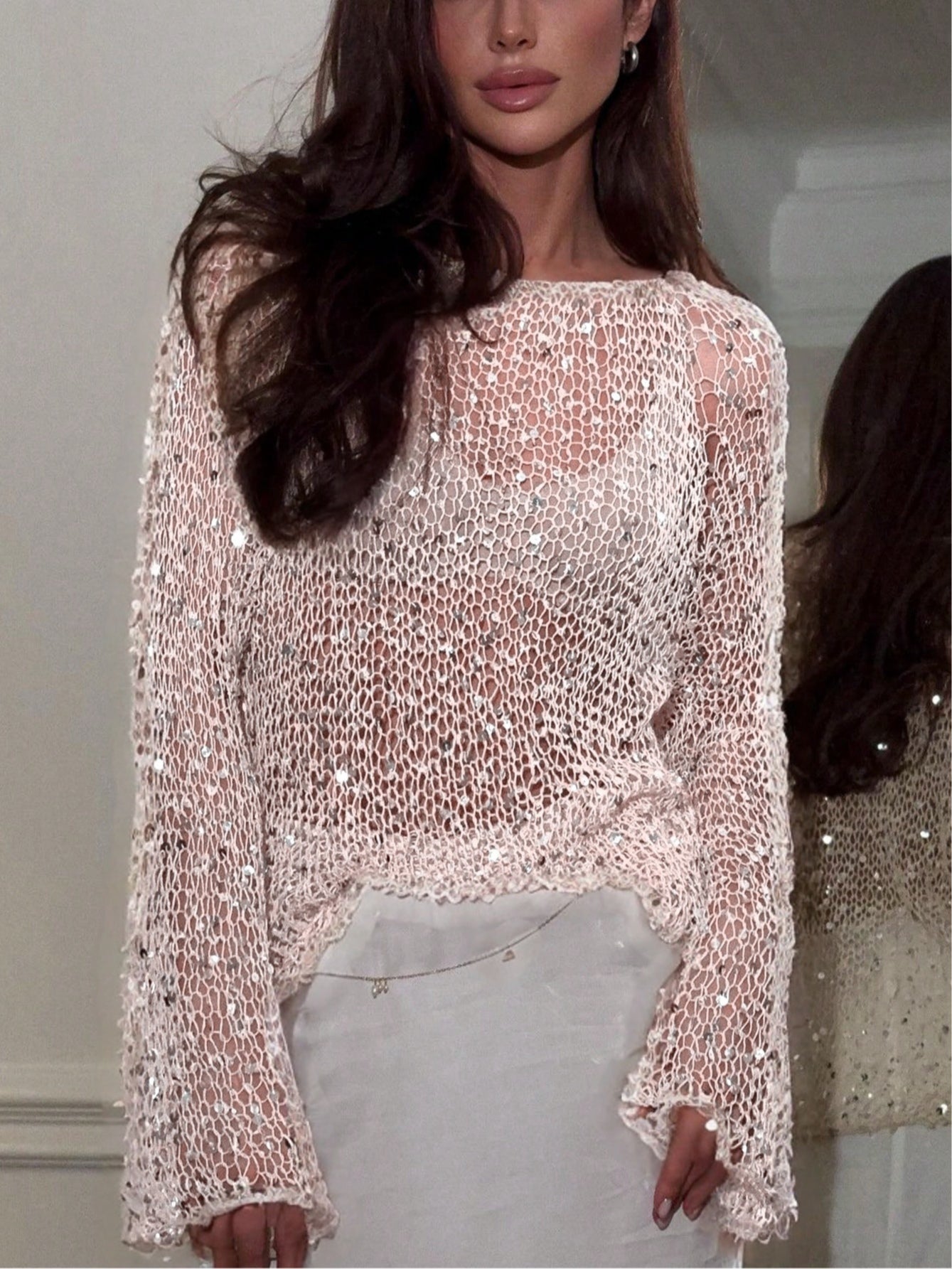 Women's sequined knit pullover top sheer hollow-out long sleeve loose fit sparkle