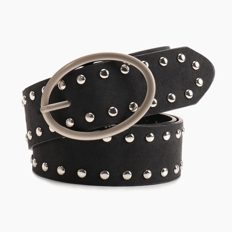 Black imitation leather fashion belt with oval alloy pin buckle, millennial style, 3.7cm wide