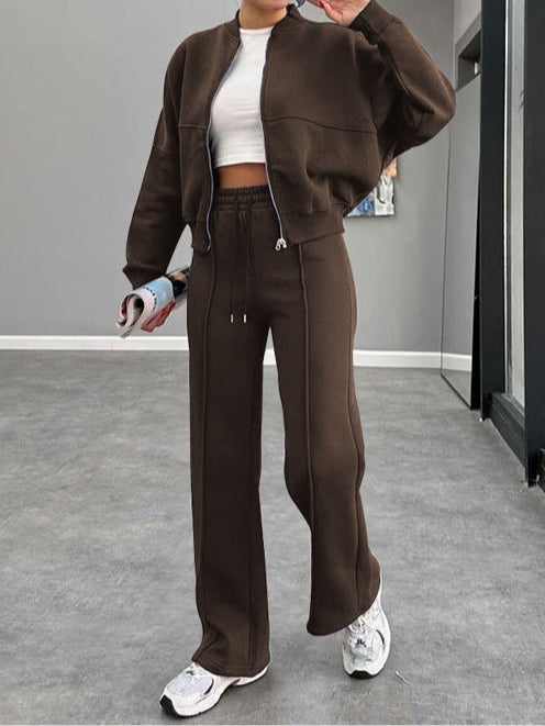 Women's thick patchwork knit zippered cardigan and straight pants set, casual solid color autumn winter suit