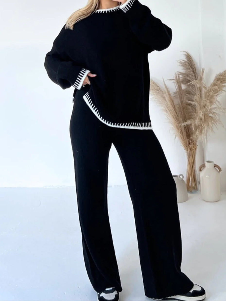 Women's color-blocked sweater set with crochet embroidery, geometric pattern, loose fit two-piece coords