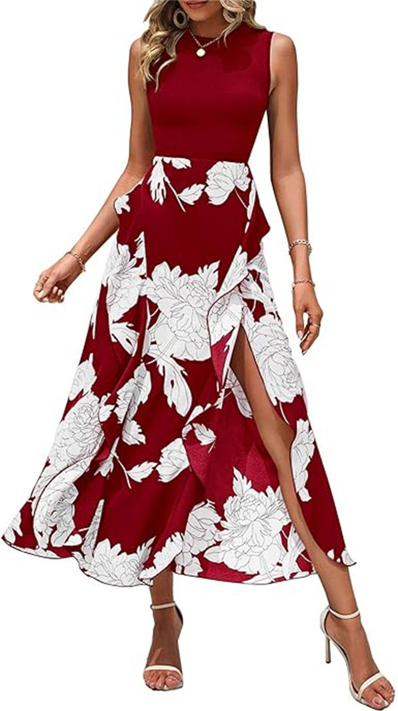 Elegant printed sleeveless midi dress with round neck, irregular hem, and color-matching pattern