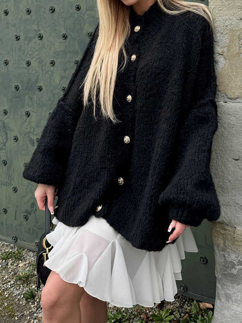 Women's solid color knit cardigan batwing sleeves mid-length loose fit thick casual layering sweater