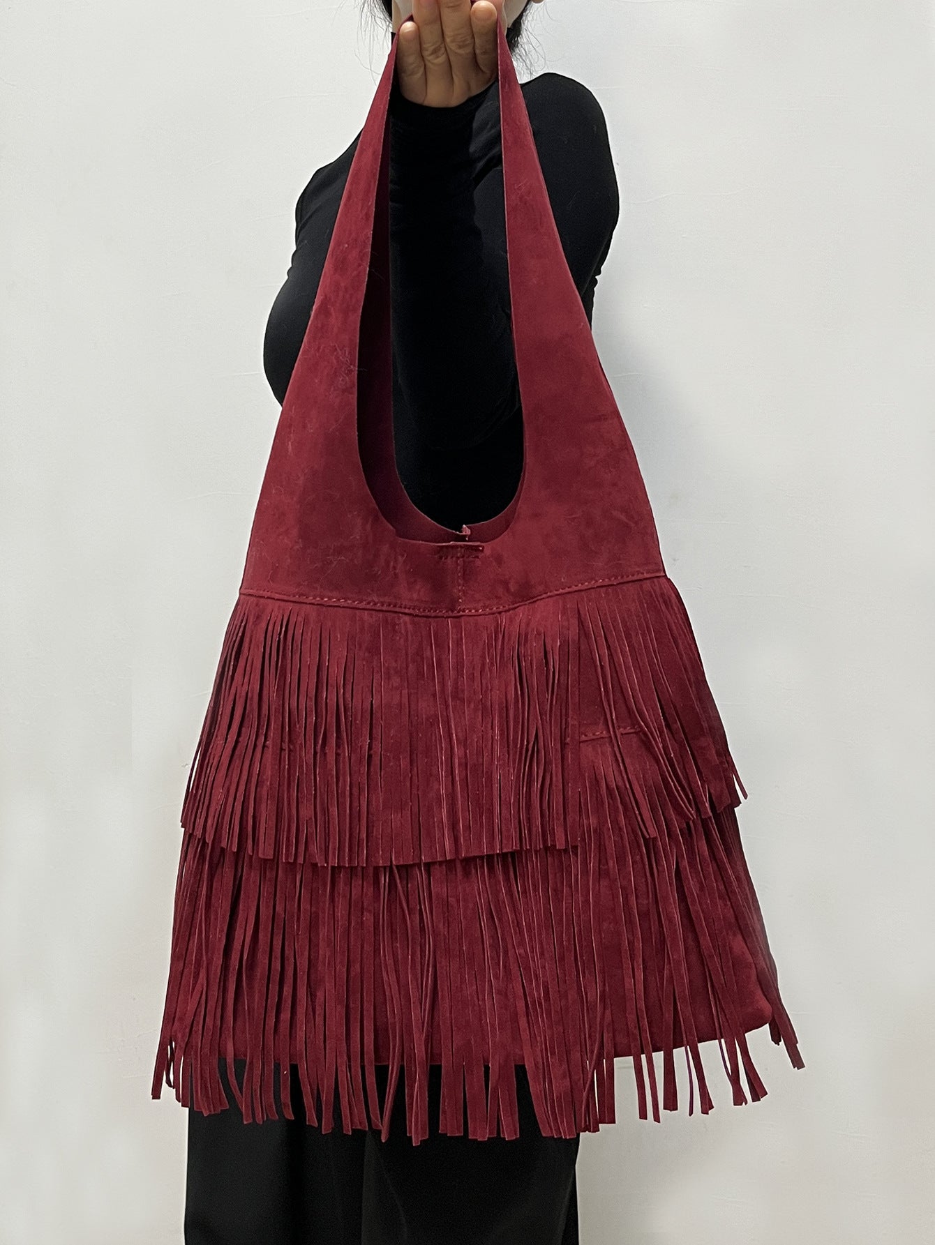 Large coffee suede tassel tote bag retro chic polyester travel bag with inner pockets