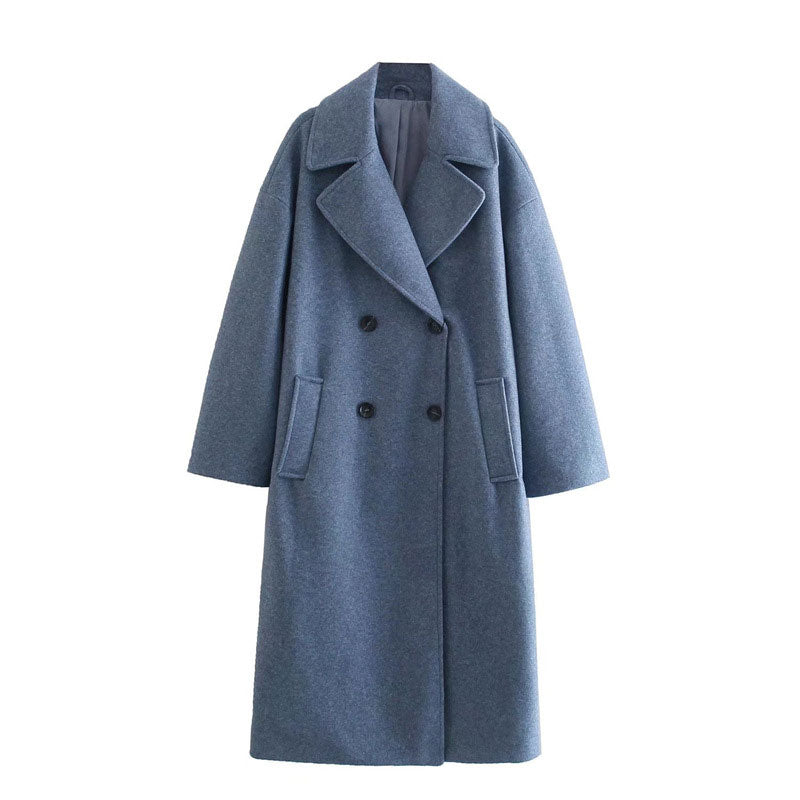 Women's long double-breasted coat straight tailored silhouette minimalist urban chic warmth city style