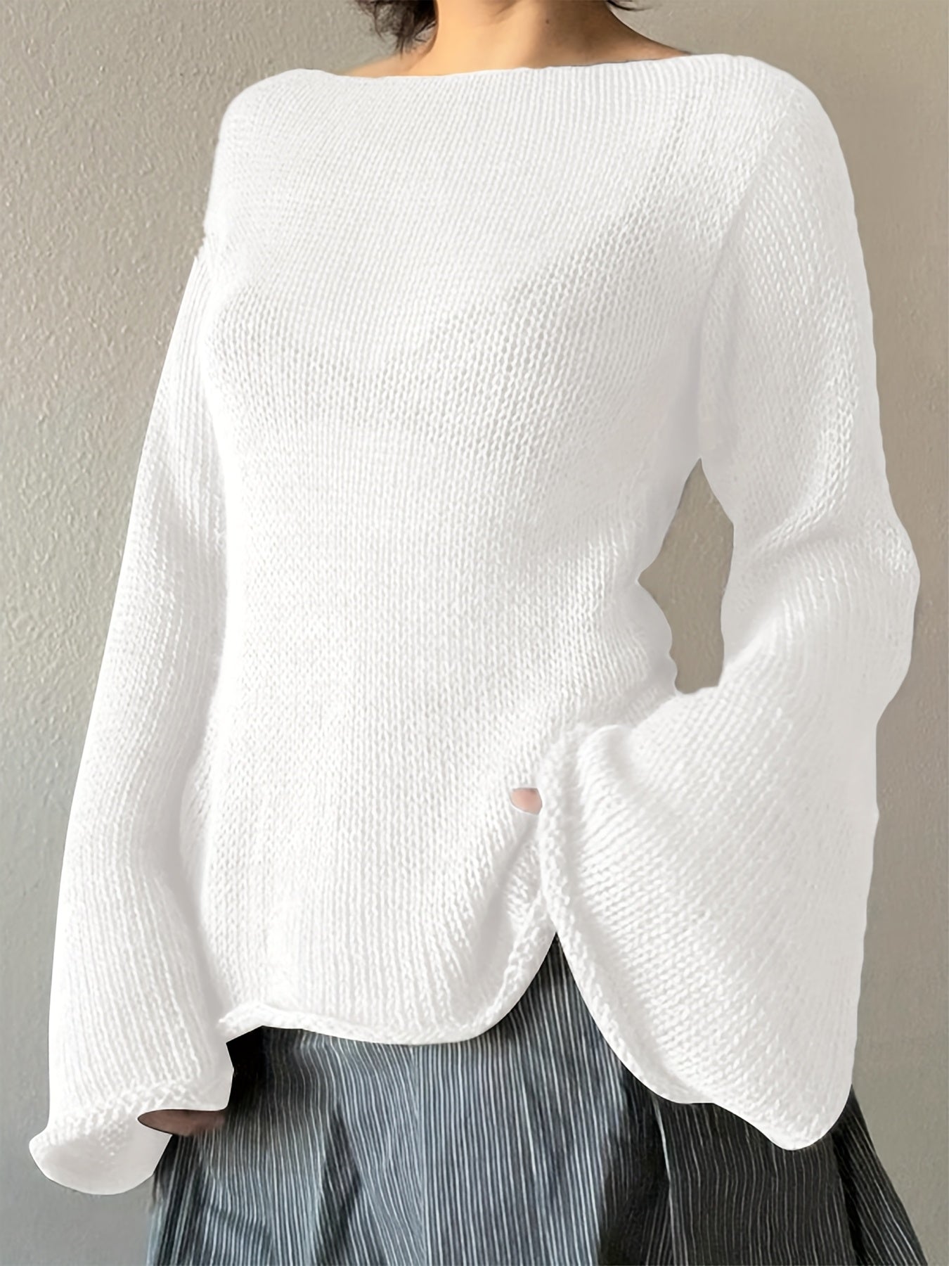 Women's beige flare sleeve knit sweater with elegant draped sleeves and minimalist silhouette
