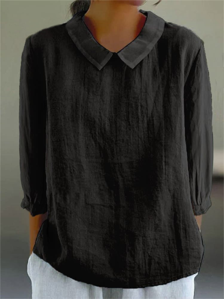Women's beige cotton linen three-quarter sleeve shirt relaxed fit with turn-down collar retro casual top