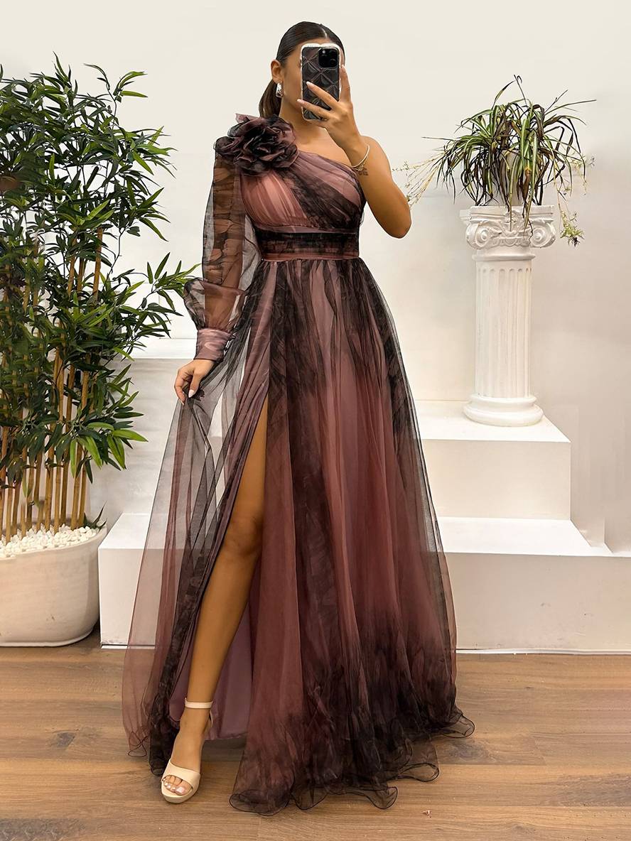 Adeline floral maxi dress one-shoulder silhouette with split tulle overlay and elegant side slit
