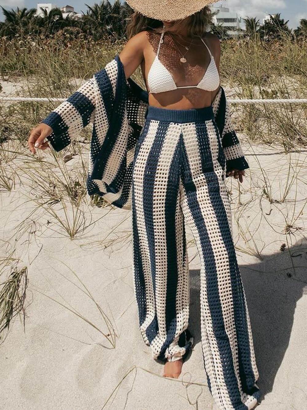 Women's striped loose V-neck shirt set with wide-leg pants, hollow-out knit two-piece