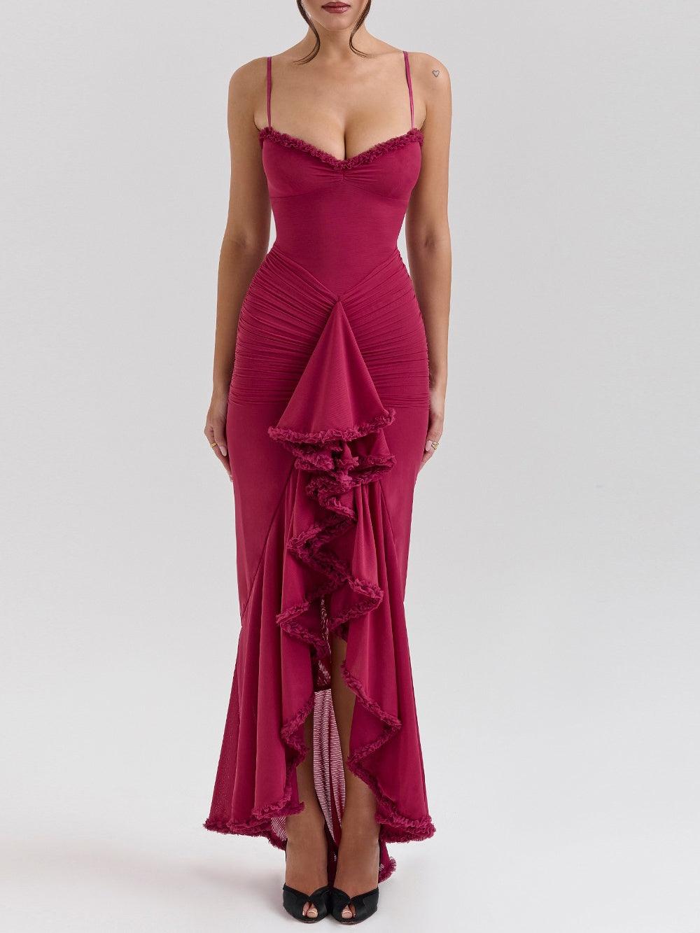 Burgundy mesh maxi dress off-shoulder ruched bodice with gel bust grip for women evening wear