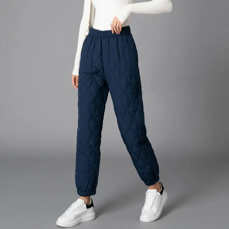 Black diamond-quilted puffer jogger pants with stretch waistband for everyday casual wear