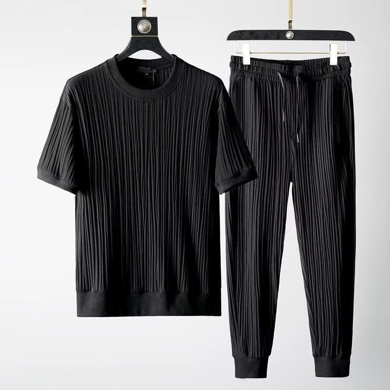 Women's ribbed cotton-blend lounge set, pleated design, city-chic style, breathable comfort fit