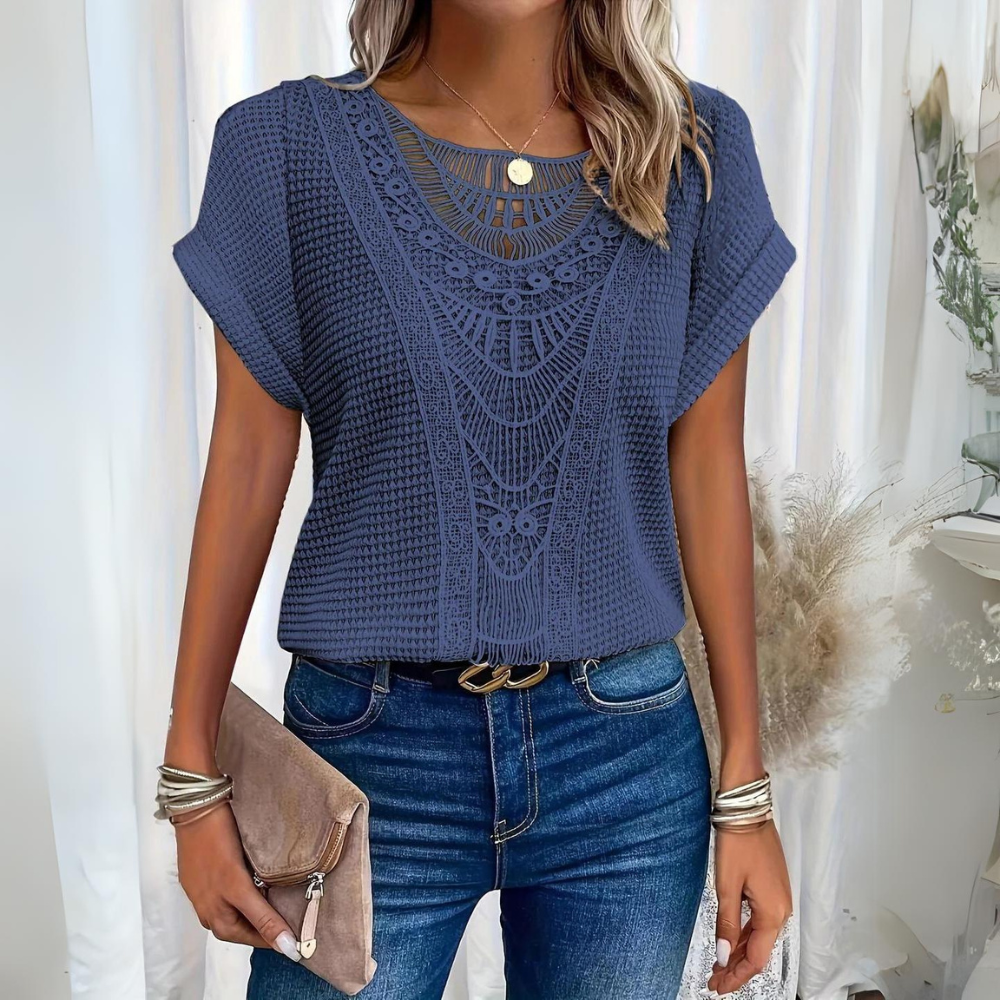 Women's white lace patchwork hollow short sleeve top with feather-light breathable fabric