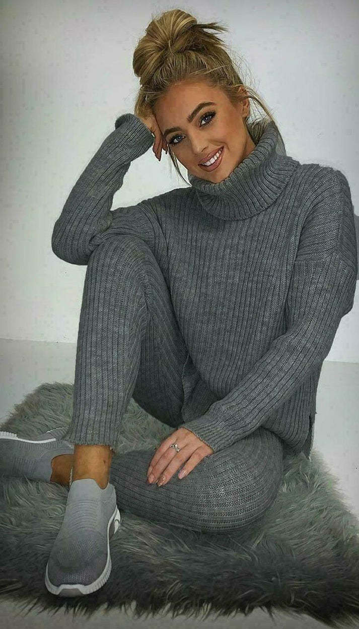 Women cozy plush knit polo collar loungewear set with matching leggings for all-day soft comfort