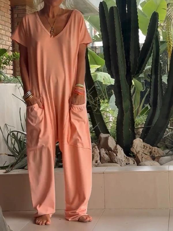Women's cotton casual V-neck jumpsuit solid color short sleeve comfortable one-piece warm-weather wear