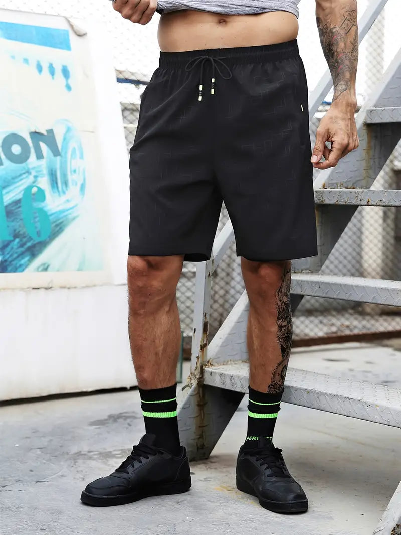 Men's gray athletic shorts lightweight breathable fabric secure zippered pockets gym everyday wear