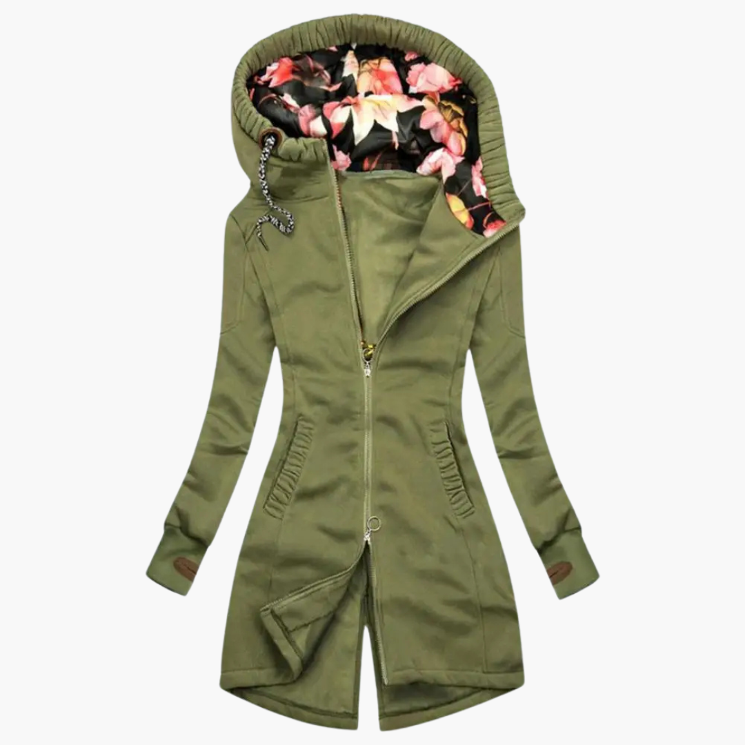 Pink long hooded zip jacket for women, chic fitted silhouette with floral hood lining