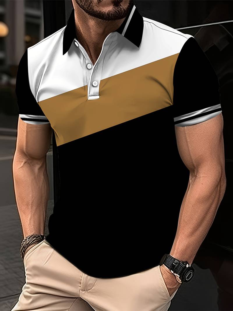 Men's white golf polo shirt with bold contrast print design and modern sporty performance fit