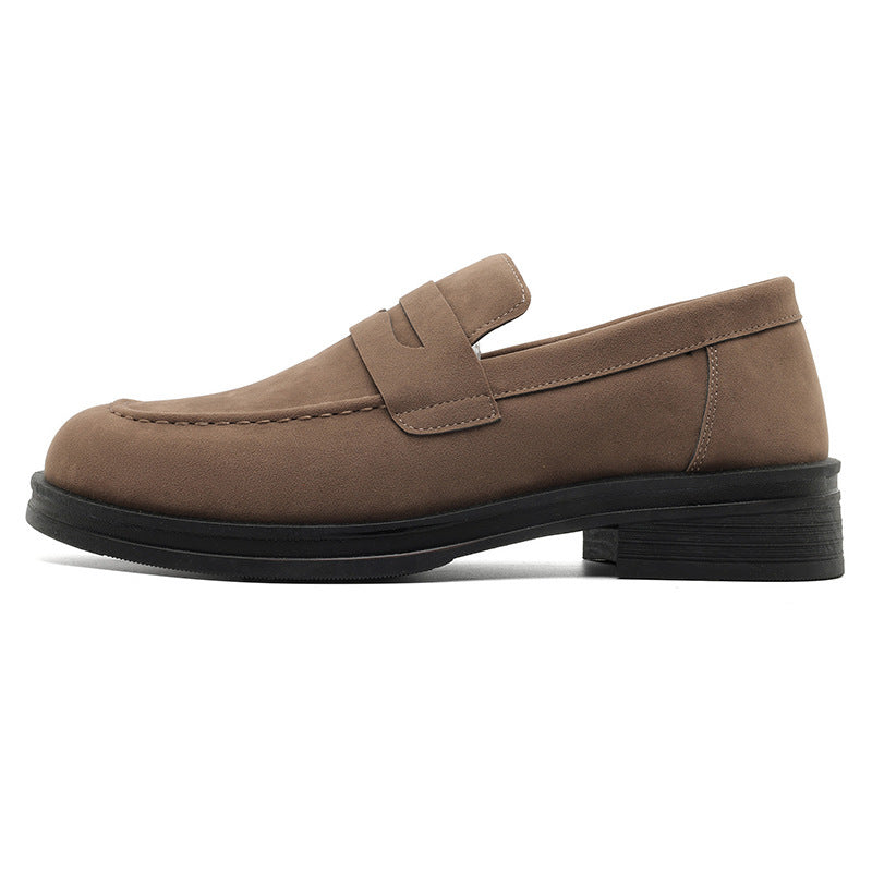 Men's beige suede loafers slip-on style with durable rubber sole for casual everyday wear
