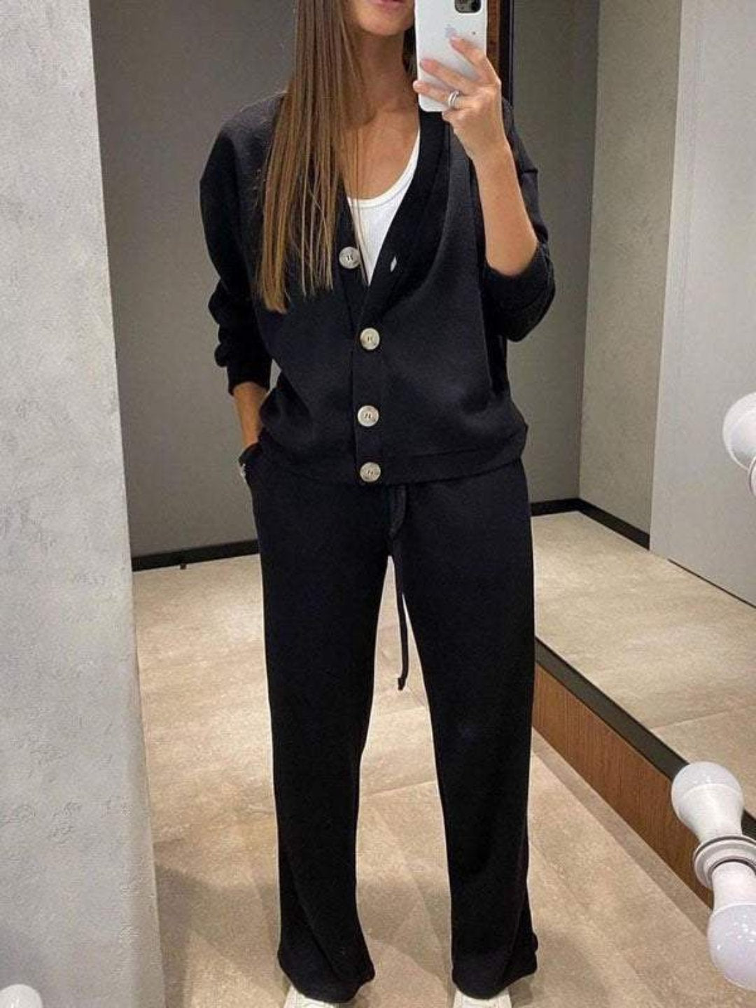 Women's relaxed cardigan drawstring pants set, neutral two-piece matching lounge outfit with polished fit
