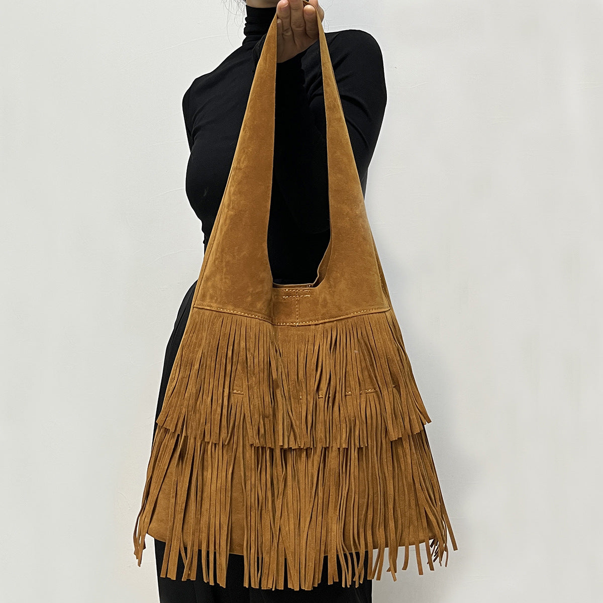 Large coffee suede tassel tote bag retro chic polyester travel bag with inner pockets