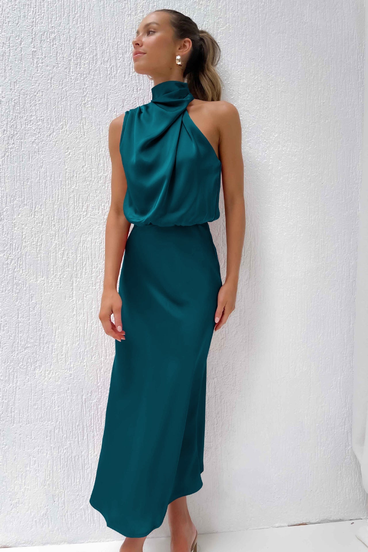 Diane satin maxi dress women halter sleeveless evening gown draped silhouette elegant