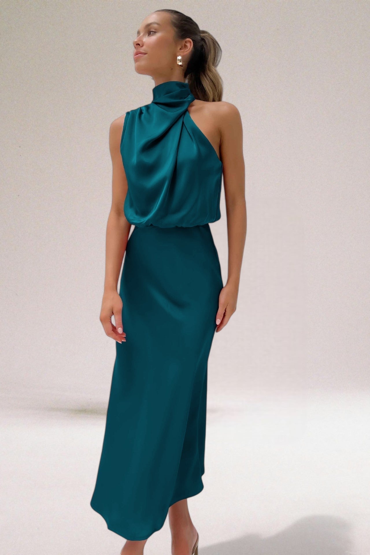 Women's satin halter dress elegant timeless silhouette luxurious shiny fabric for evening events