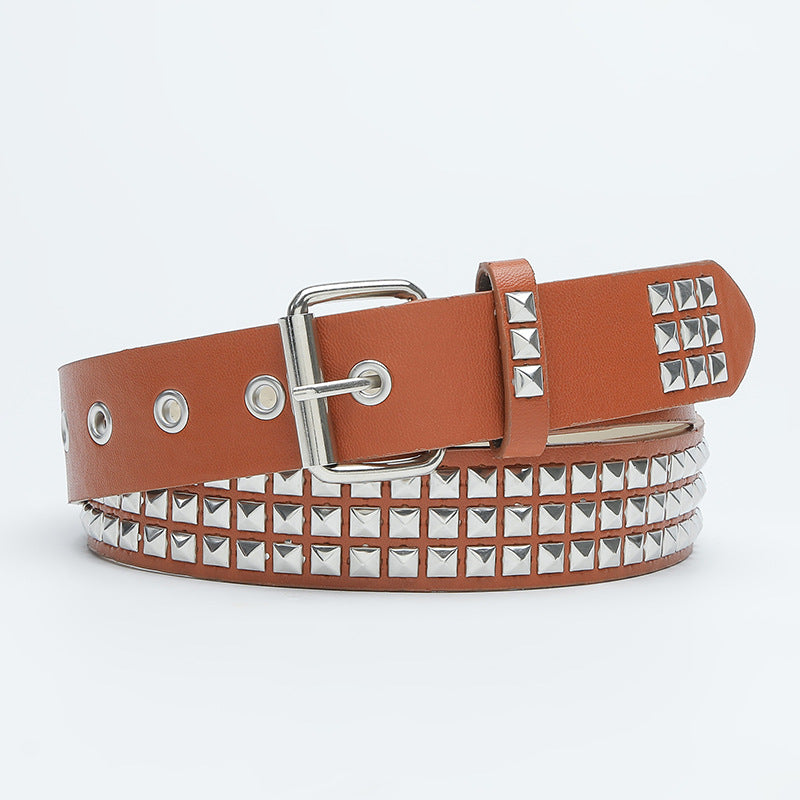 Women's black PU leather belt with square bead rivet pyramid inlaid design, iron pin buckle, 3.3cm wide