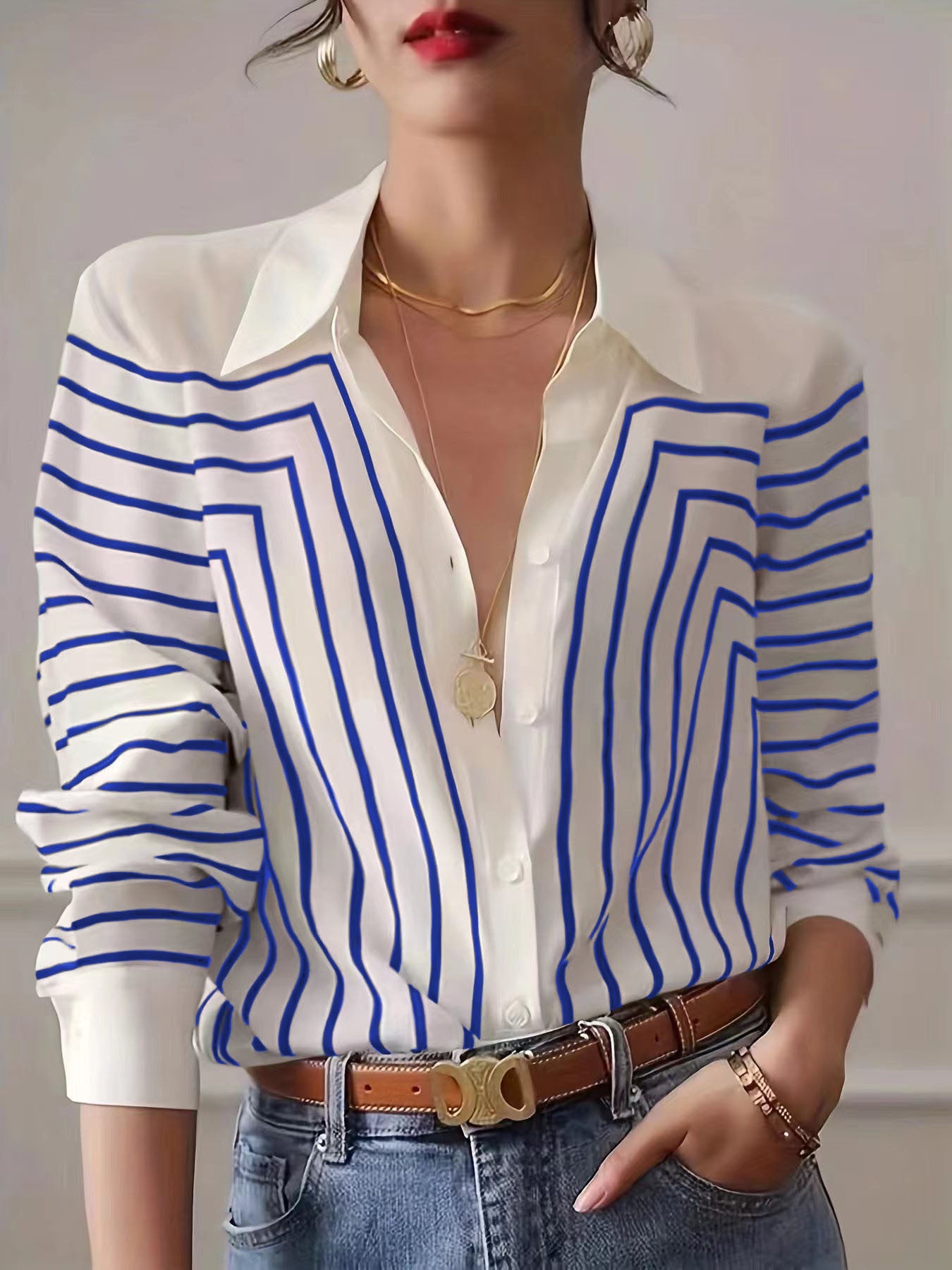 Women's loose fit linen striped shirt with lapel collar, breathable long sleeve workwear top