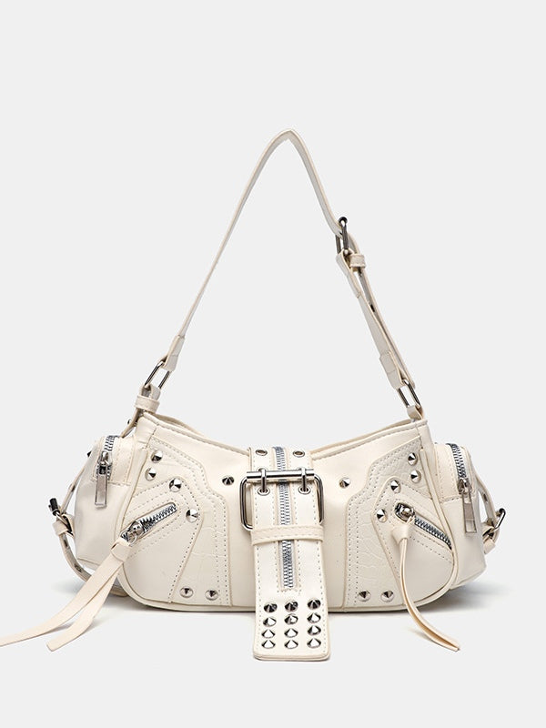 Black PU leather one-shoulder motorcycle crossbody bag with rivet detail and zippered pockets