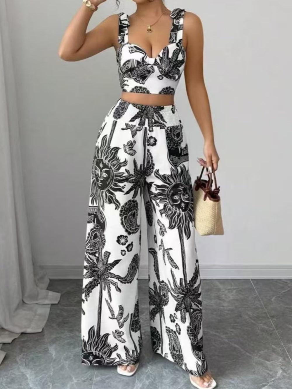 Women's printed v-neck backless top and wide-leg pants set, two-piece polyester loungewear