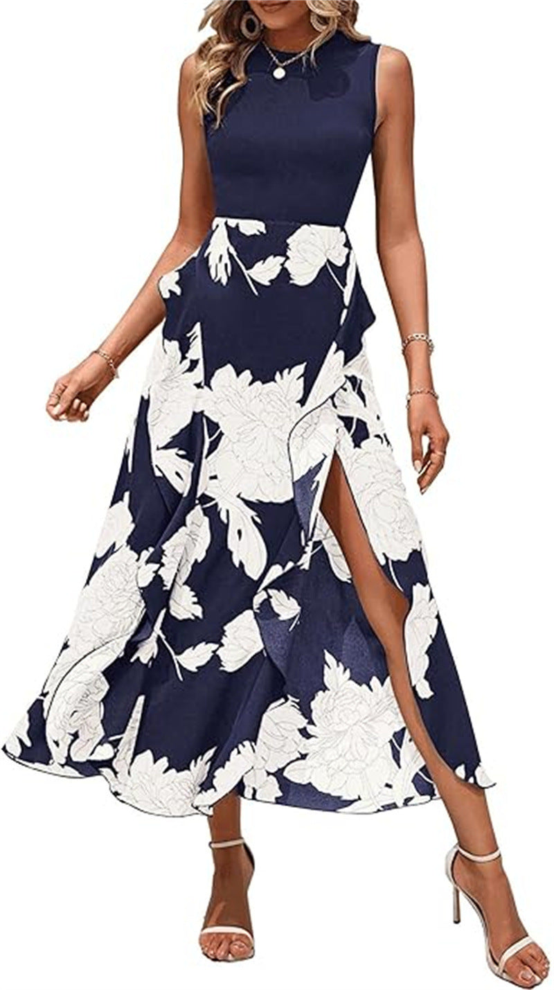 Elegant printed sleeveless midi dress for women, round neck, irregular hem, color-matching polyester