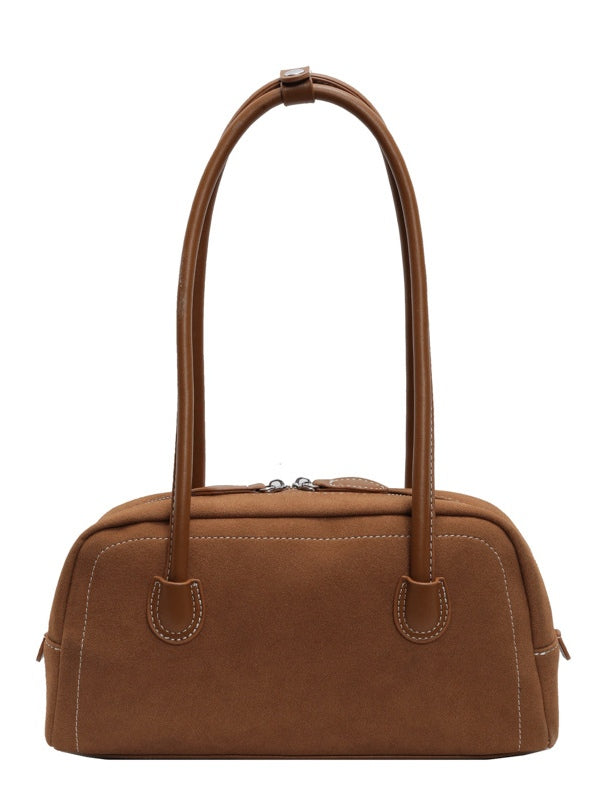 Retro frosted woolen Boston pillow bag for women, medium shoulder handbag with zippered interior pockets