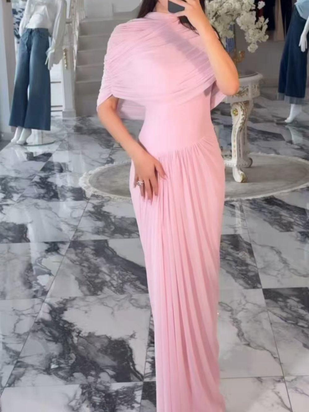 Women's sleeveless wrap maxi dress with cape silhouette, pleated detail, solid color, flattering round neck