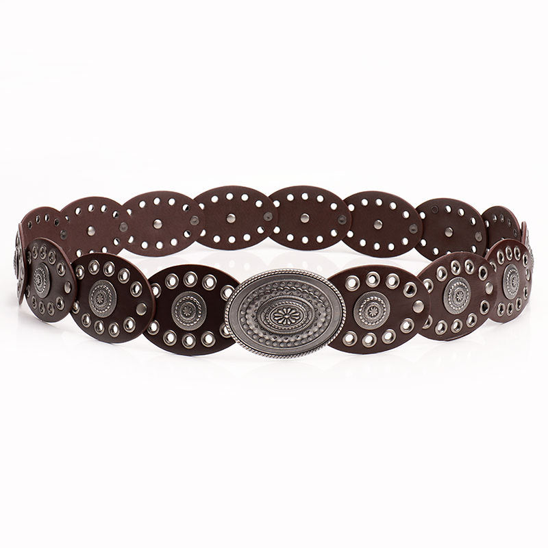 Unisex leather waist belt with oval stitching and large round alloy buckle, 5.8cm wide