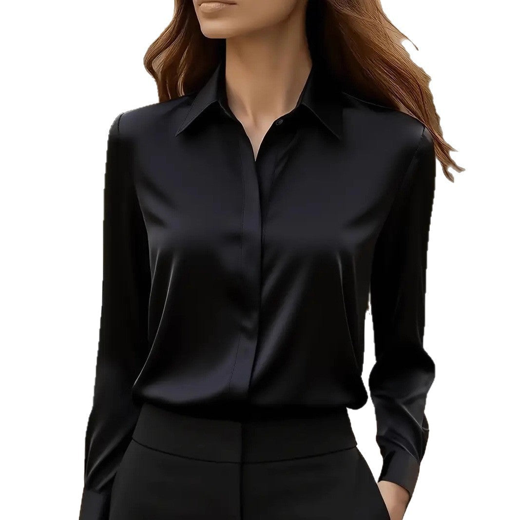 Women's satin lapel shirt long sleeve mid-length solid color wrinkle-free stretch office blouse