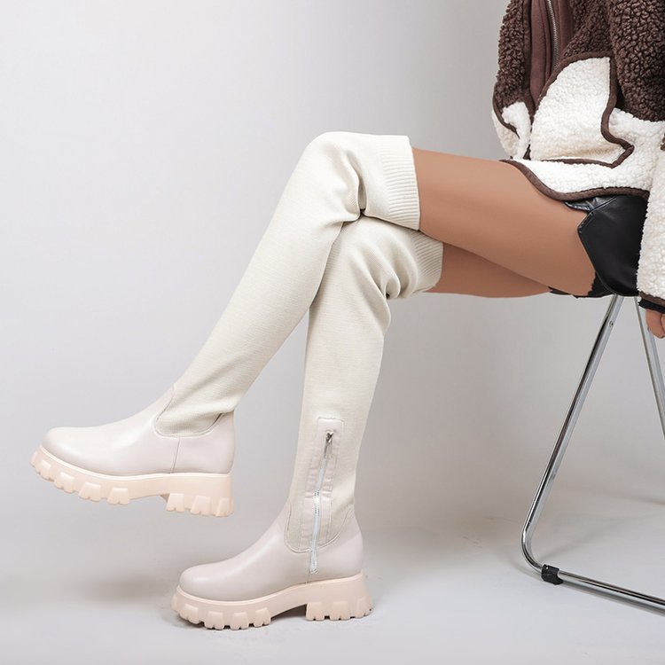 Women's black over-the-knee flyknit platform boots, slip-on style with chunky low heel