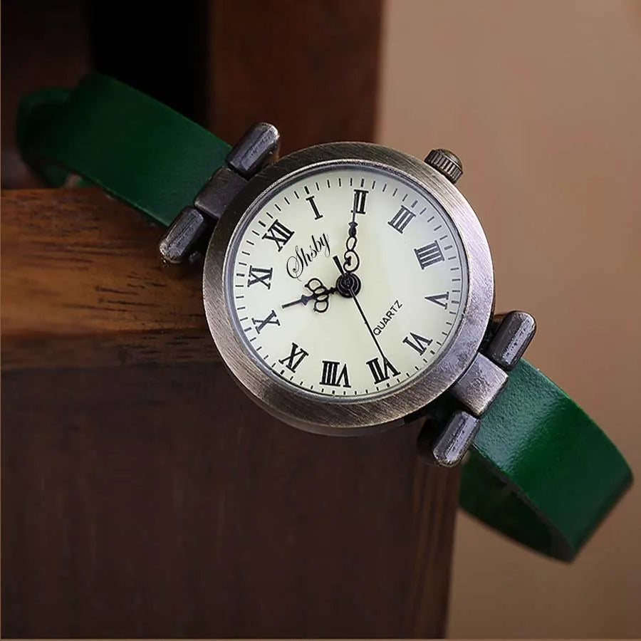 Evelyn vintage quartz watch stainless steel case brown leather strap retro roman numeral dial