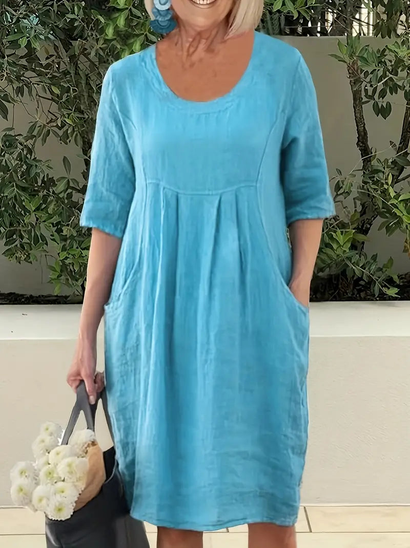 Sophia solid casual dress with half sleeves and pockets, relaxed everyday fit for women