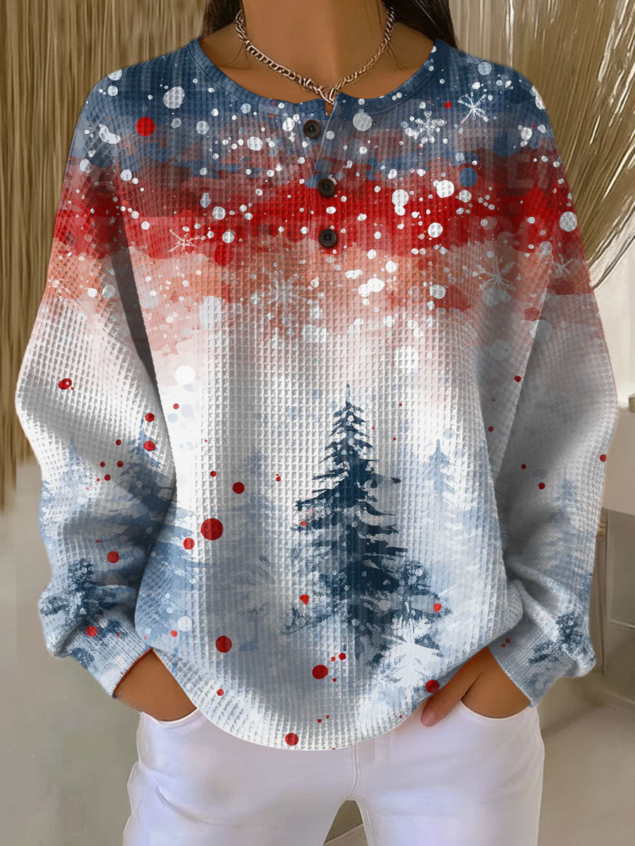 Women's printed henley long sleeve top, lightweight textured fabric with button-front closure