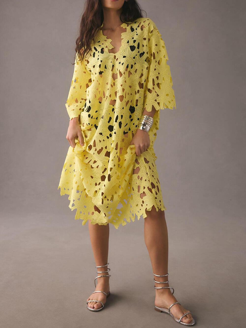 White floral eyelet lace beach midi dress women V-neck short sleeves bohemian cover-up