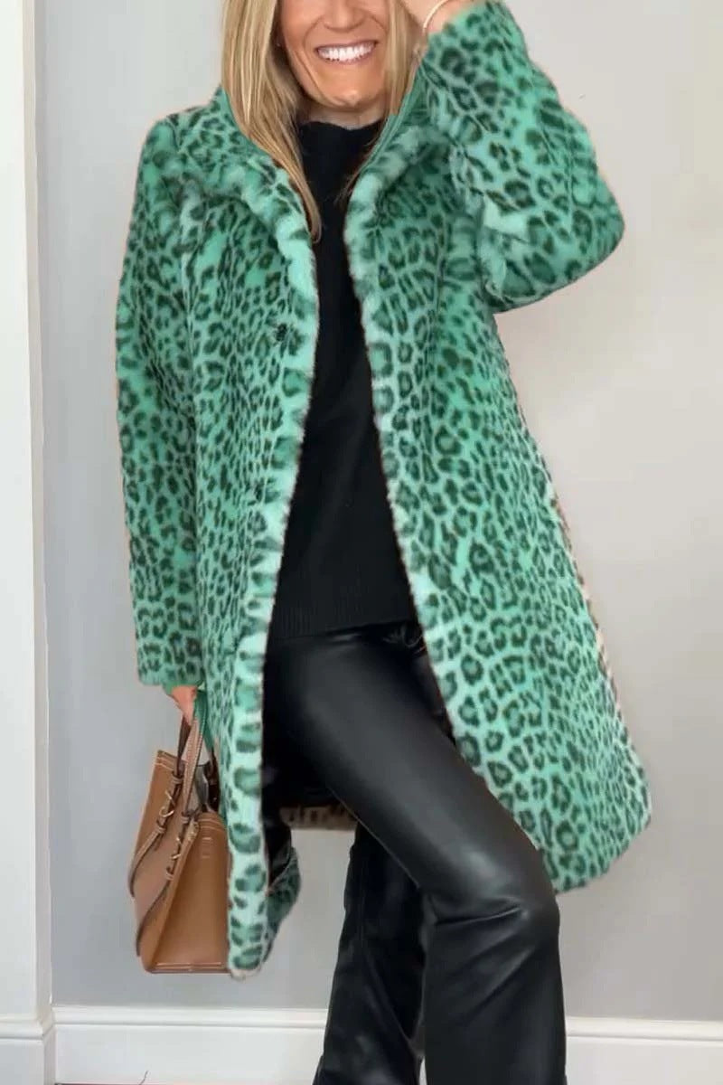 Women's mid-length leopard print faux fur coat, soft wool-feel fabric with spandex for easy movement