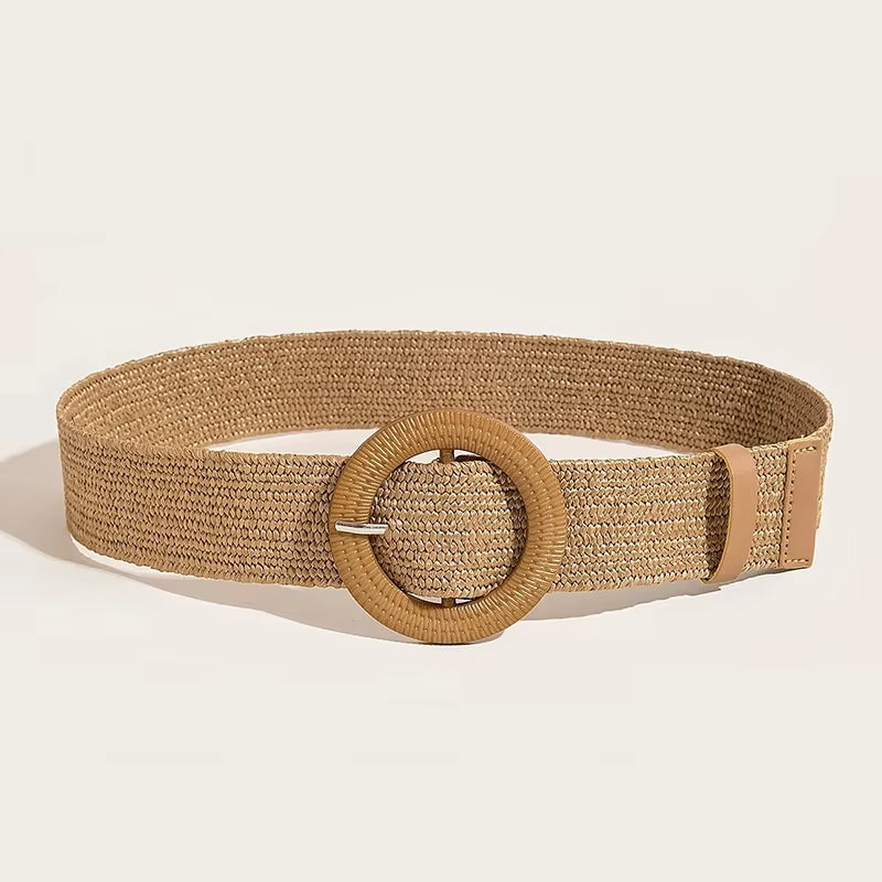 Handwoven natural raffia boho belt with beaded circular buckle, sand and pearl tones