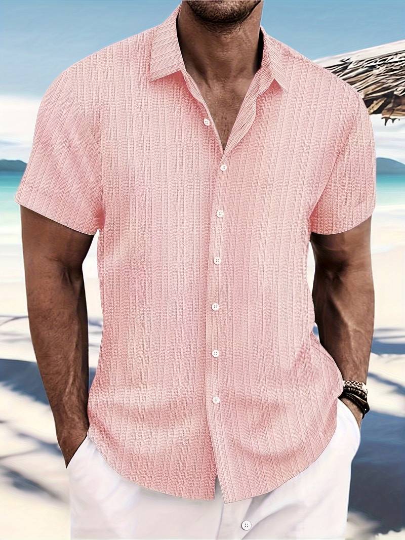 Women's ribbed short-sleeve button-down blouse elegant modern texture versatile work top