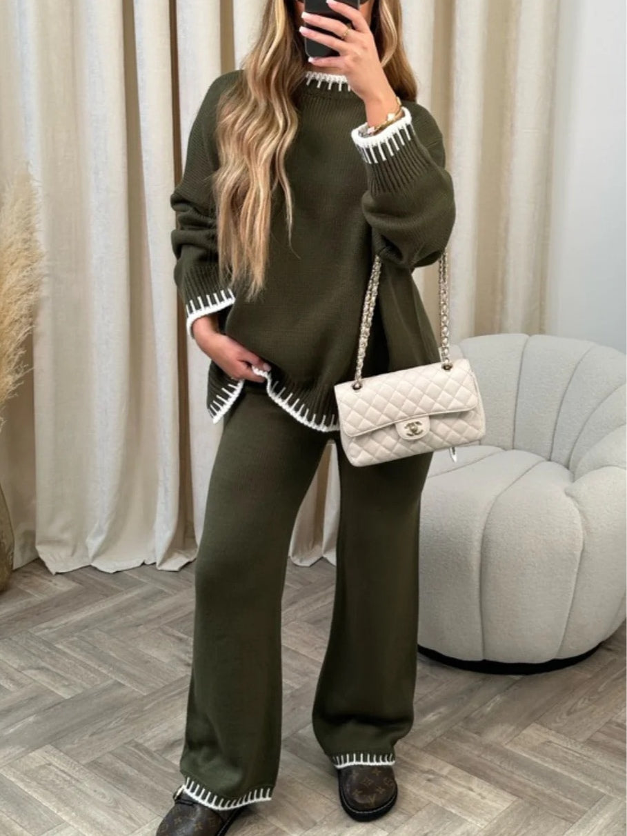 Women's color-blocked sweater set with crochet embroidery, geometric pattern, loose elegant two-piece