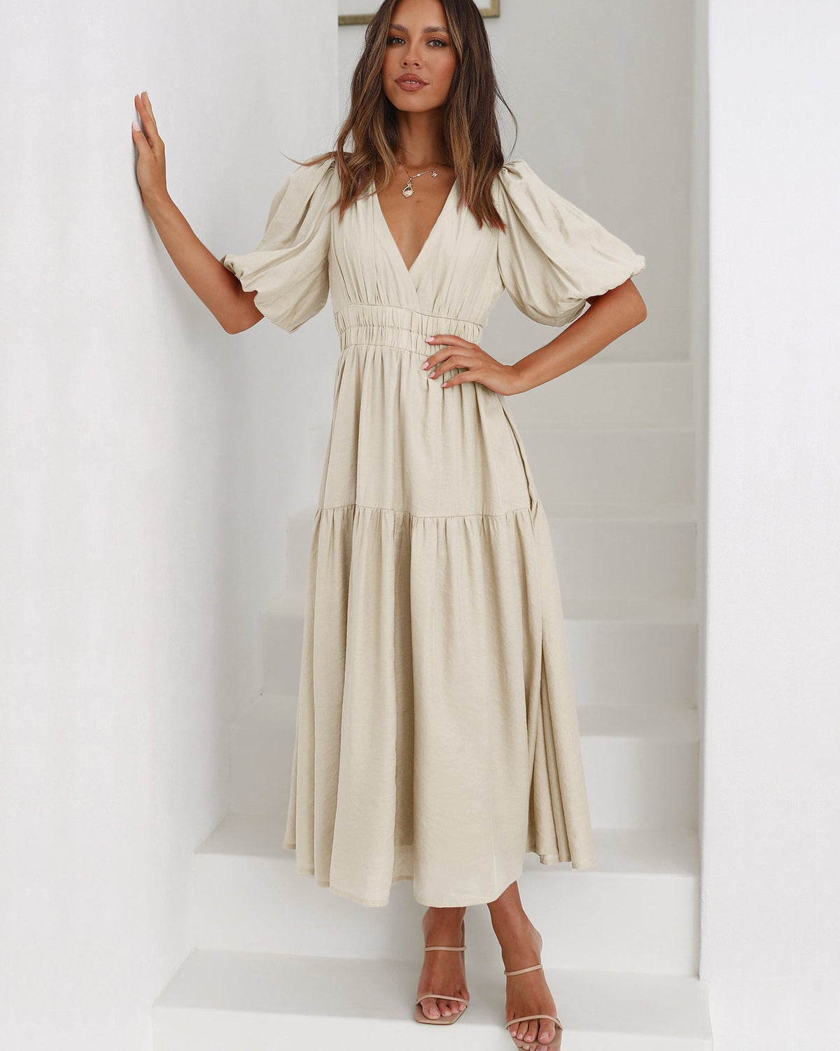 Noelle | Women's V-Neck Puff Sleeve Midi Dress with Smocked Waist