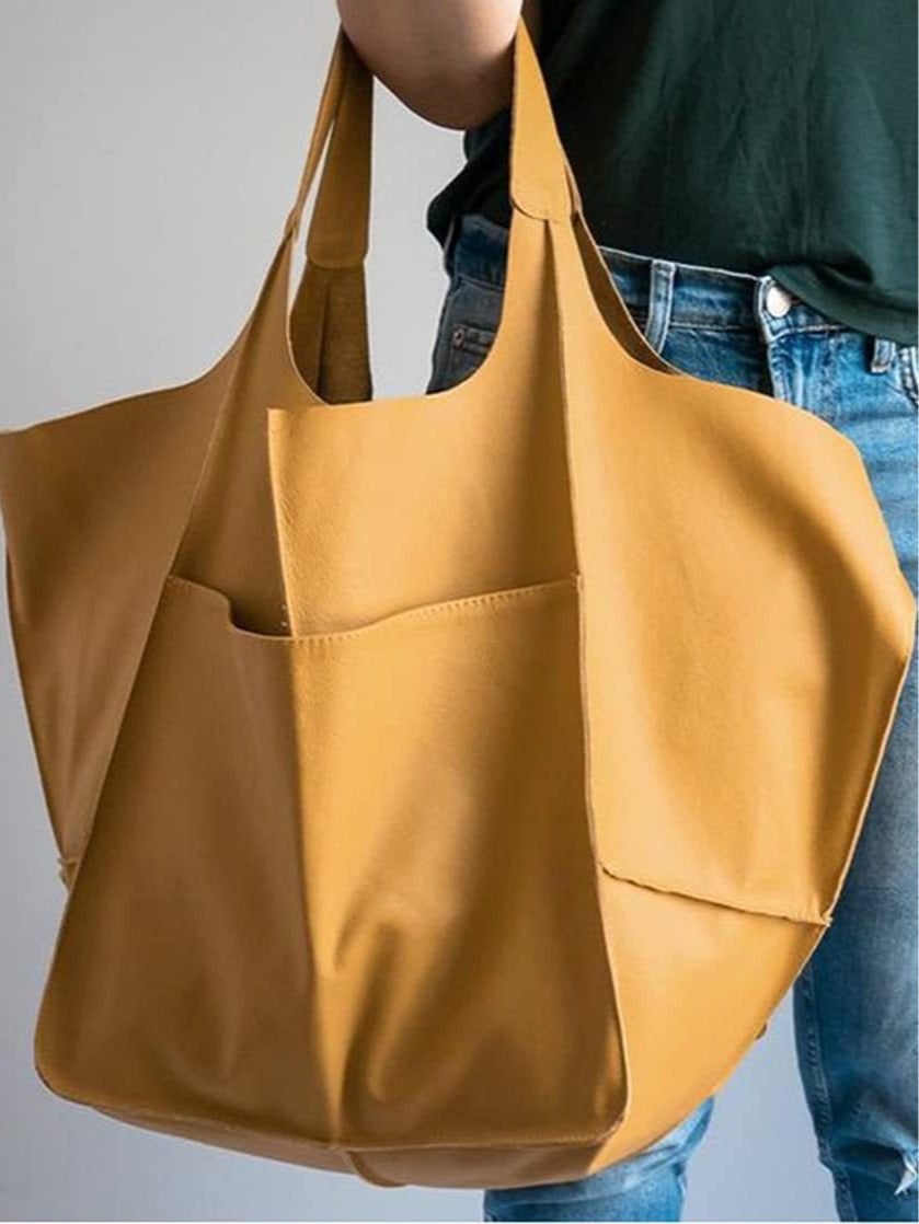 Women's large PU leather tote bag open top retro patchwork design spacious soft horizontal shape